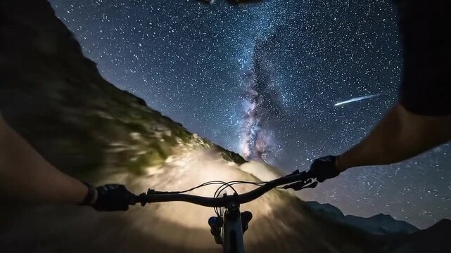A bike rider travelling through a surreal environment 