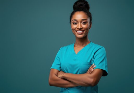 A smiling nurse in teal scrubs stands with arms crossed in a professional setting
