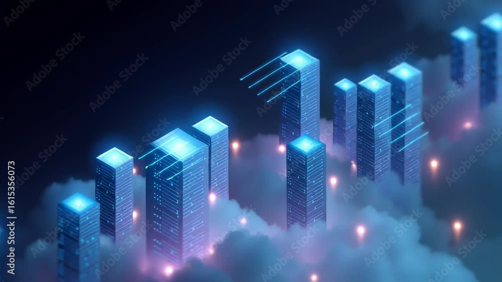Poster isometric illustration of modern ai cloud computing with futuristic skyscrapers surrounded by digita