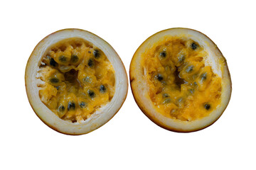 a half eaten passion fruit on a white surface