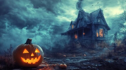 Spooky haunted house with jack-o'-lantern