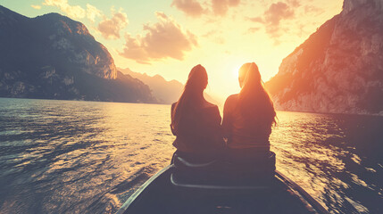 Two women enjoying a relaxing day on the water in a small boat surrounded by scenic views