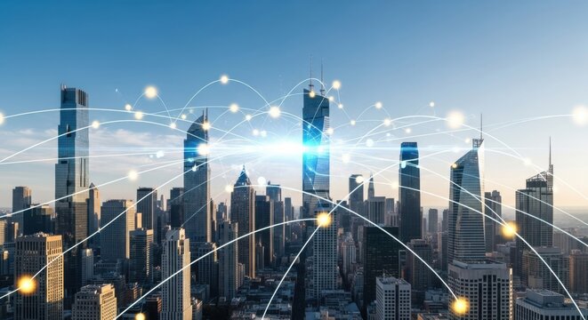 Connected Cityscape with Digital Network Overlay