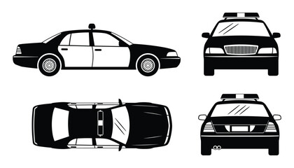 Fototapeta premium Detailed Black and White Police Cruiser Vector Illustration from Multiple Angles.