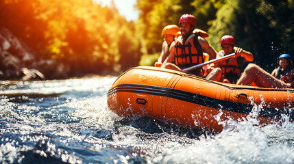 A man and woman rowing together in a raft while enjoying the great outdoors and water adventure