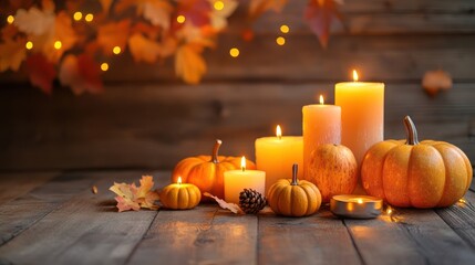 Autumnal candles and pumpkins on rustic wood
