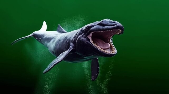 A mosasaur with open mouth swimming on a green screen background in a close up shot of the animal green screen animal video