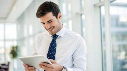 A smiling businessman in a white shirt using a tablet in a bright modern office space near a window