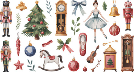 Watercolor Christmas Toys Nutcrackers, Tree, Ornaments, Clock, Ballerina, Rocking Horse, and Bells Art