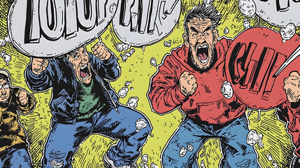 Obraz premium Three men in comic book style, exhibiting anger and frustration, holding large speech bubbles filled with words like LOL and GIF. Energetic poses and expressive faces. Yellow background