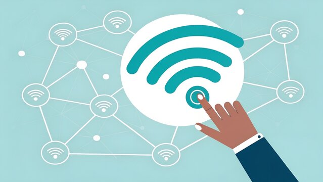 Hand touching a wifi icon connected to other wifi icons on a light blue background network illustration
