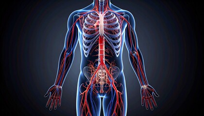 Detailed anatomical illustration of human circulatory system highlighting heart, major arteries, and veins—emphasizing biological structure, blood flow, and educational clarity.