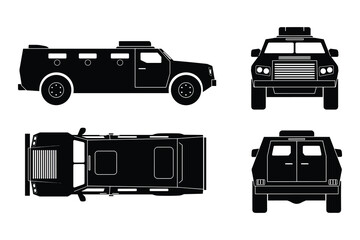 Detailed Armored Personnel Carrier Vector Illustration: Side, Front, Top, and Rear Views