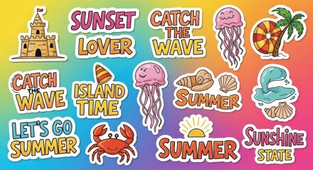 Vibrant summer themed sticker set with playful designs and cheerful beach elements showcasing