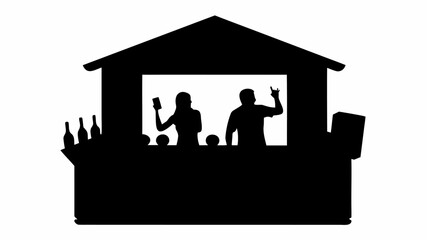 Silhouette of a bar with bartenders, bottles, and speakers under a roof on a white background scene | editable eps vectors