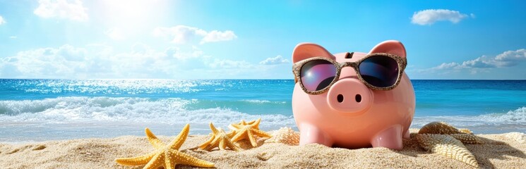 A piggy bank wearing sunglasses sits on a sandy beach next to starfish with the ocean and blue sky in the background.