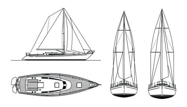 Precise Detailed Technical Blueprint of a Sailing Yacht Design, Showcasing Boat Layouts