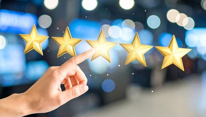 Close-up of a hand pressing a star rating on a digital interface, representing positive feedback and customer satisfaction.