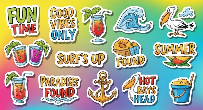 Vibrant summer themed sticker collection featuring tropical motifs and vacation quotes conveying