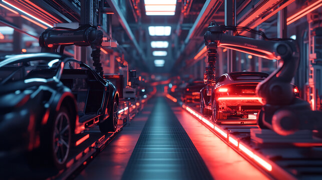 Futuristic car factory assembly line with automated robotic arms and glowing red and blue lights