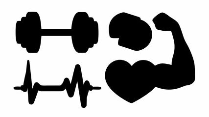 Illustration showing a dumbbell, bicep muscle, heart shape and heartbeat line representing fitness and health | editable eps vectors silhouette