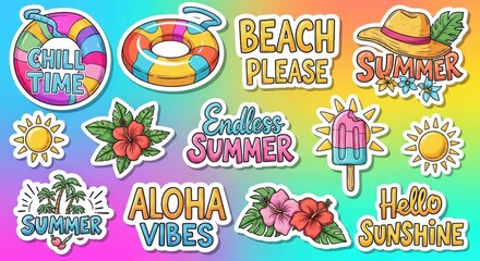 Vibrant Summer Sticker Collection with Beach Vibes, Floral Accents and Relaxation Elements