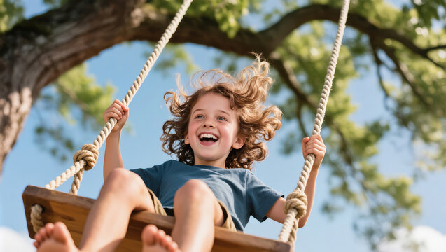Joyful child swinging on rope swing under tree on sunny day, laughing and enjoying carefree outdoor playtime