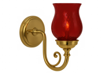 Golden wall lamp with a red glass shade emitting warm light, isolated on a transparent background, perfect for interior design projects