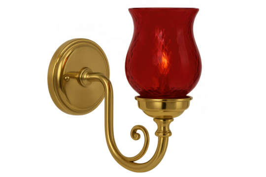 Golden wall lamp with a red glass shade emitting warm light, isolated on a transparent background, perfect for interior design projects
