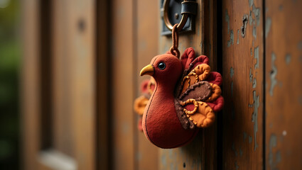 Rust-colored handmade fabric turkey ornament with stitched wings and beady eyes hanging from a vintage wooden door, close-up detail for autumn or Thanksgiving decor
