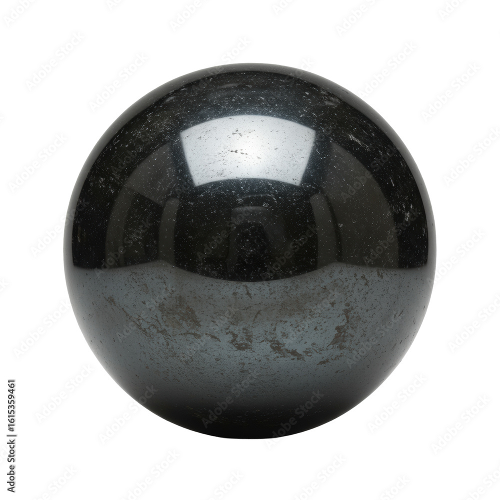Poster a perfectly spherical polished hematite object, dark gray with metallic luster, smooth and uniform, 