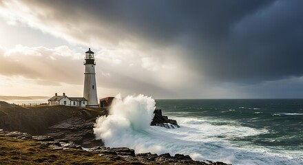 Obraz premium Dramatic Ocean Waves Crashing Near Lighthouse at Sunset