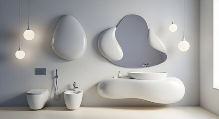 Modern bathroom featuring minimalist design and biomorphic shapes. Clean, bright interior with unique fixtures and soft lighting.