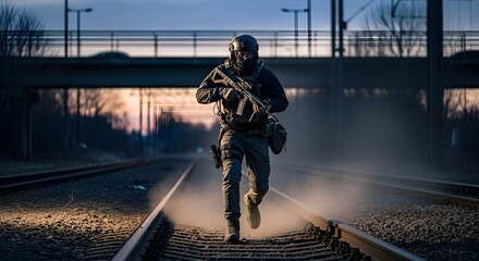 A soldier in full gear runs on train tracks, conveying action and determination. Ideal for themes of military, security, and law enforcement. Powerful imagery for commercial use.