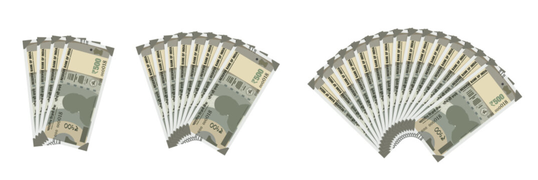 Stack of Indian 500 rupee banknotes in fan arrangement, flat vector illustration of ₹500 INR currency bills on white background, perfect for finance, banking, savings, investment, and economic design