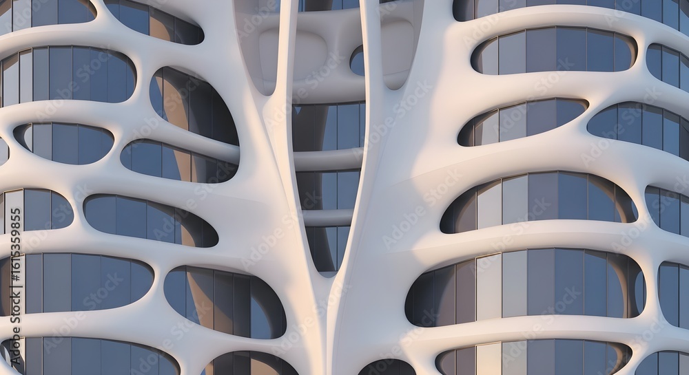 Poster futuristic architecture with biomorphic design. abstract building facade featuring organic, rounded 