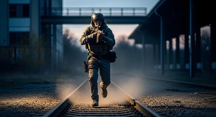 Action-packed image of a soldier running on railroad tracks, armed and ready. Perfect for illustrating military operations, security, and preparedness.