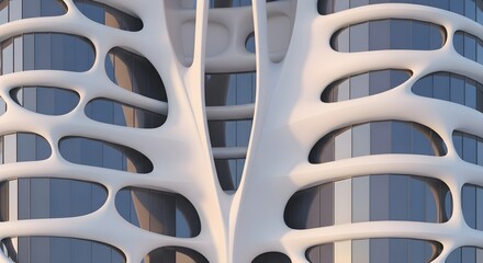 Futuristic architecture with biomorphic design. Abstract building facade featuring organic, rounded shapes and modern windows. Great for architectural concepts and innovative building designs.