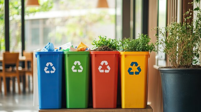 A school recycling program with separate bins for paper, plastic, and organic waste.