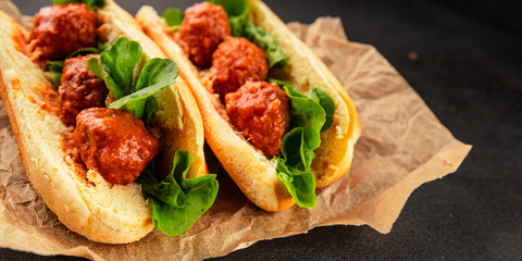 Meatball sandwich fast food meat dish fresh delicious gourmet food background on the table rustic food top view copy space