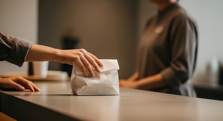 A customer's hand picks up a takeout order in a white paper bag. Focus on convenience, food service and modern lifestyle.
