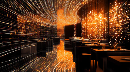 Futuristic Restaurant Interior with Glowing Orange Light Trails in a Dark Modern Space