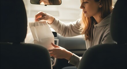 Young woman picks up a meal in her car. Convenient food service for busy lifestyles. Fresh food delivery concept.