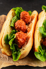 Meatball sandwich fast food meat dish fresh delicious gourmet food background on the table rustic food top view copy space
