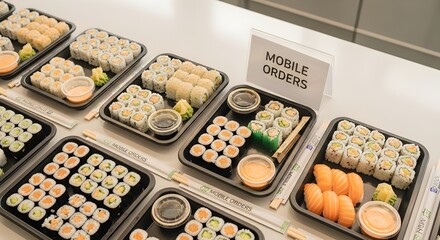 Assorted sushi trays ready for meal pickup. Fresh sushi orders are conveniently available for quick and easy takeout. Perfect for busy lifestyles and healthy eating.