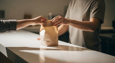A customer receives a takeaway meal in a paper bag.  Ideal for food delivery services or restaurant promotions featuring takeout options.