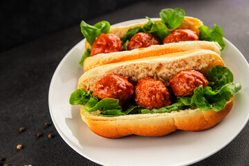 Meatball sandwich fast food meat dish fresh delicious gourmet food background on the table rustic food top view copy space
