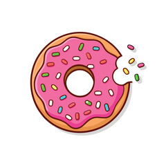 Pink frosted donut with colorful sprinkles and bite marks frosting