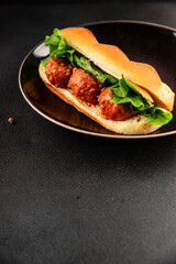 Meatball sandwich fast food meat dish fresh delicious gourmet food background on the table rustic food top view copy space