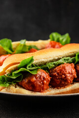 Meatball sandwich fast food meat dish fresh delicious gourmet food background on the table rustic food top view copy space